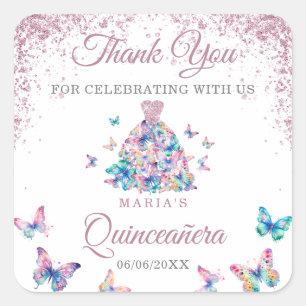 Pegatina Cuadrada Gracias A Las Mariposas Esparcantes Gown Quinceane