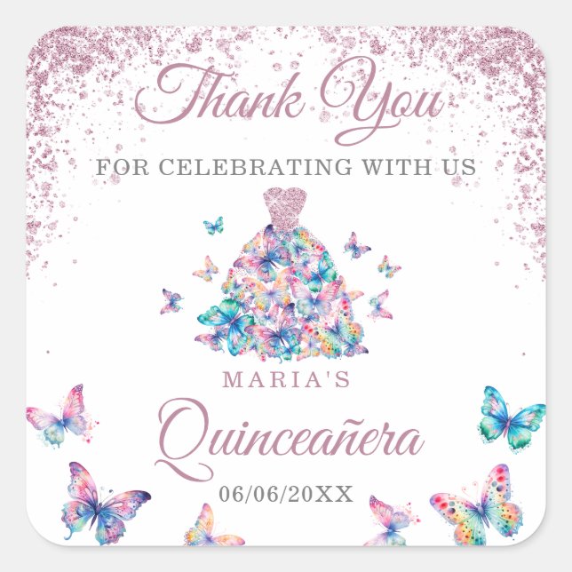 Pegatina Cuadrada Gracias A Las Mariposas Esparcantes Gown Quinceane (Anverso)