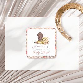 Pegatina Cuadrada Gracias a todos Cowboy Boot y Bouquet Baby Shower