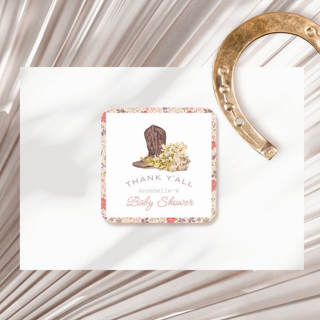 Pegatina Cuadrada Gracias a todos Cowboy Boot y Bouquet Baby Shower (Subido por el creador)