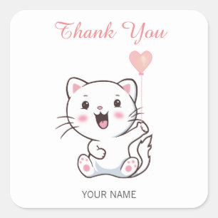 Pegatina Cuadrada Gracias a un gato blanco feliz con globo de corazó
