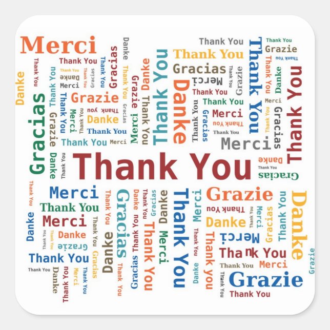 Pegatina Cuadrada Gracias a Word Cloud en 5 idiomas (Anverso)