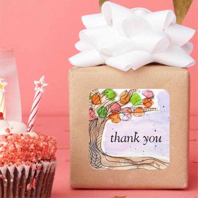 Pegatina Cuadrada Gracias - Árbol de hojas de acuarela caprichosa (Fiesta)