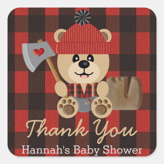 Pegatina Cuadrada Gracias Baby Shower a Lumberjack Bear (Anverso)