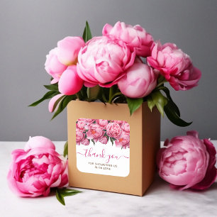 Pegatina Cuadrada Gracias Baby Shower a Pink Peonies