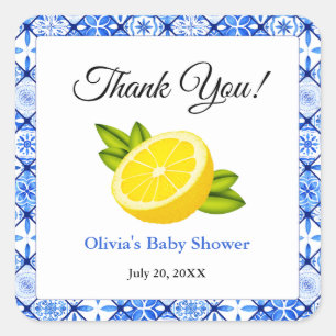 Pegatina Cuadrada Gracias Baby Shower de Blue Tile Lemon de Italia