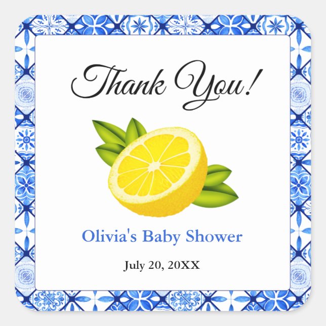 Pegatina Cuadrada Gracias Baby Shower de Blue Tile Lemon de Italia (Anverso)