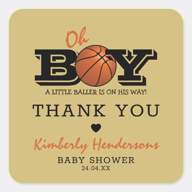 Pegatina Cuadrada Gracias Baby Shower de Guay Basketball "Oh Boy" (Anverso)