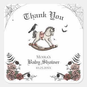 Pegatina Cuadrada Gracias Baby Shower de Halloween rosa y negro