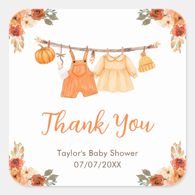 Pegatina Cuadrada Gracias Baby Shower de la línea de ropa de otoño (Anverso)