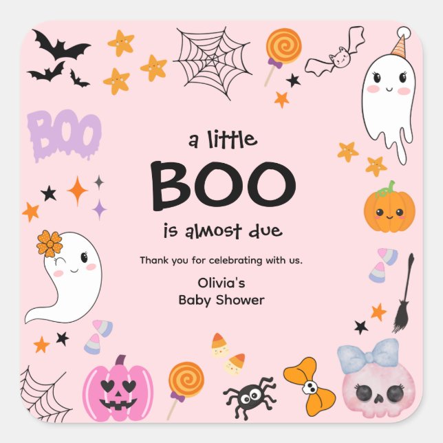 Pegatina Cuadrada Gracias Baby Shower De Pink A Little Boo Halloween (Anverso)