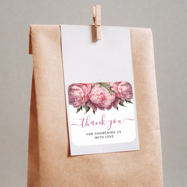 Pegatina Cuadrada Gracias Baby Shower por la acuarela de los pueblos (Pink Peonies Watercolor Baby Shower Thank You Square Sticker)