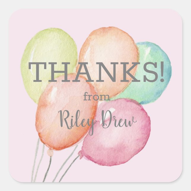 Pegatina Cuadrada Gracias Balones de color de agua rosados (Anverso)