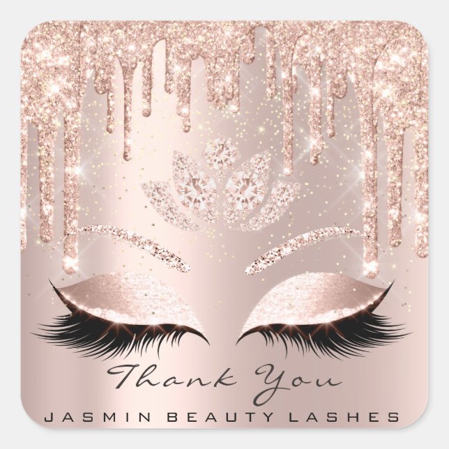 Pegatina Cuadrada Gracias Beauty Lashes Lotus Bridal Rosa Purpurina (Anverso)