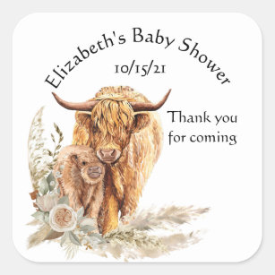 Pegatina Cuadrada Gracias, bebé, bebé, bebé, Highland Cow, Calf   