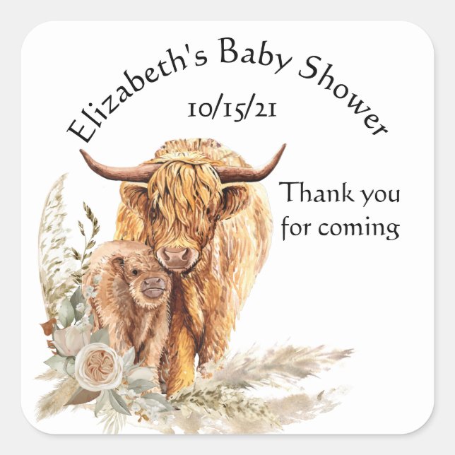 Pegatina Cuadrada Gracias, bebé, bebé, bebé, Highland Cow, Calf (Anverso)