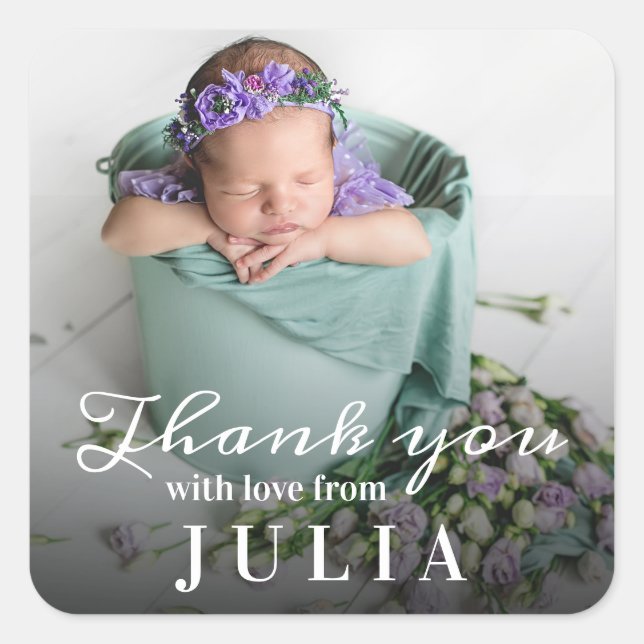 Pegatina Cuadrada Gracias bebé recién nacido Baby Shower Script Clas (Anverso)