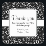 Pegatina Cuadrada Gracias: Black 70th Birthday Number Pattern<br><div class="desc">"Gracias por venir a mi 70 cumpleaños". Hay plantillas de texto para que pueda personalizar fácilmente cualquier texto. Este diseño es un patrón de número aleatorio en blanco y negro con el número de hito 70 repetido en tamaños y ángulos variados en una impresión completa. Hay una banda blanca y...</div>