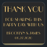 Pegatina Cuadrada Gracias Black Great Gatsby Wedding Stickers<br><div class="desc">Gracias oro y negro Gran Gatsby pegatinas de boda con texto de personalizable</div>