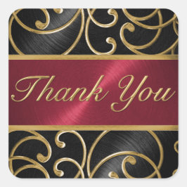 Pegatina Cuadrada Gracias Black Red Gold Filigree Swirls