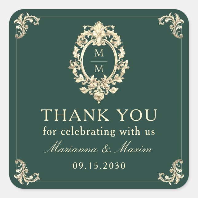 Pegatina Cuadrada Gracias Boda barroco de oro verde esmeralda (Anverso)