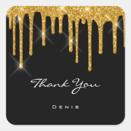 Pegatina Cuadrada Gracias Boda Black Modern Gold Drips