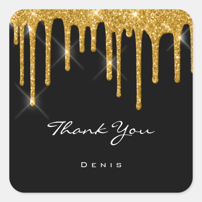 Pegatina Cuadrada Gracias Boda Black Modern Gold Drips (Anverso)