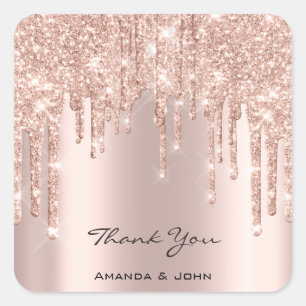 Pegatina Cuadrada Gracias Boda Bridal Rosa Purpurina Spark