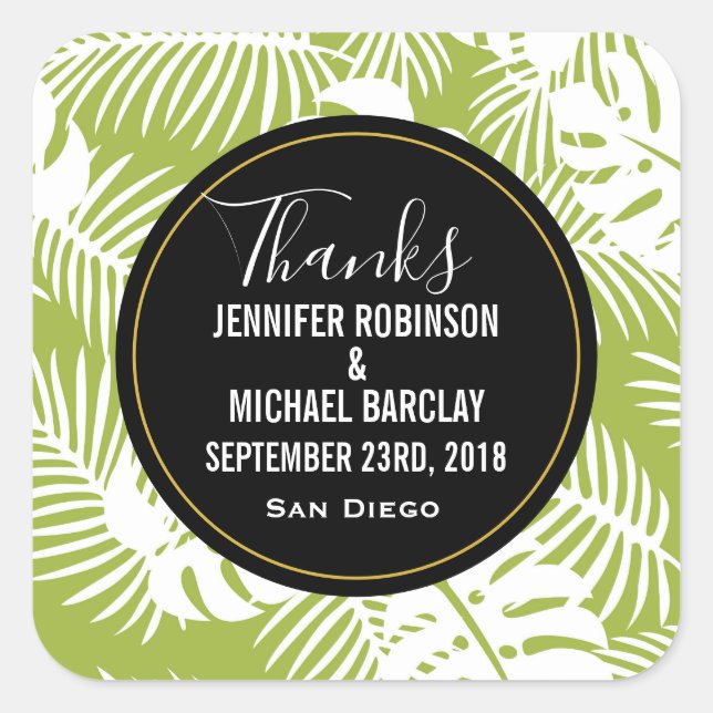 Pegatina Cuadrada Gracias Boda de patrón de selva de palo verde (Anverso)