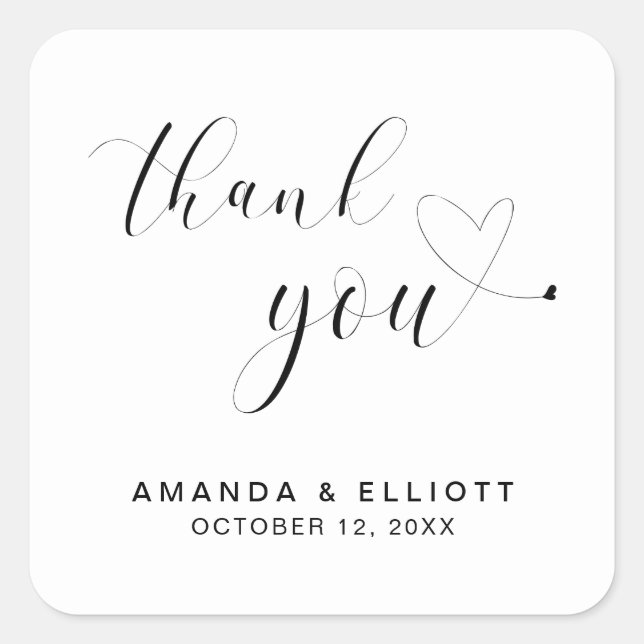 Pegatina Cuadrada Gracias Boda de tipografía en blanco y negro (Anverso)