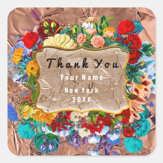 Pegatina Cuadrada Gracias Boda Frame Rosa Floral Grunge Copper (Anverso)
