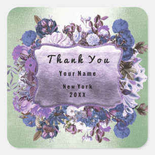 Pegatina Cuadrada Gracias Boda Frame Rosa Floral Purple Mint