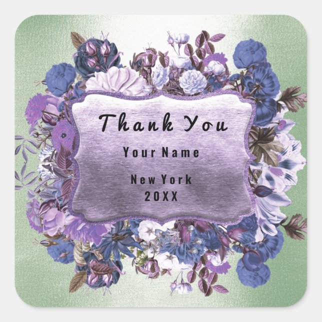 Pegatina Cuadrada Gracias Boda Frame Rosa Floral Purple Mint (Anverso)