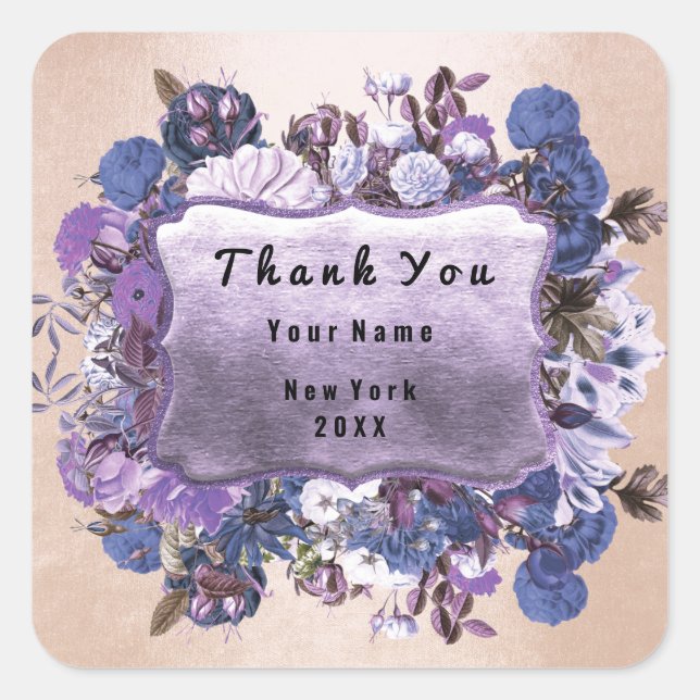 Pegatina Cuadrada Gracias Boda Frame Rosa Marco Floral Purple (Anverso)