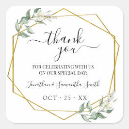 Pegatina Cuadrada Gracias boda geométrico de oro verde
