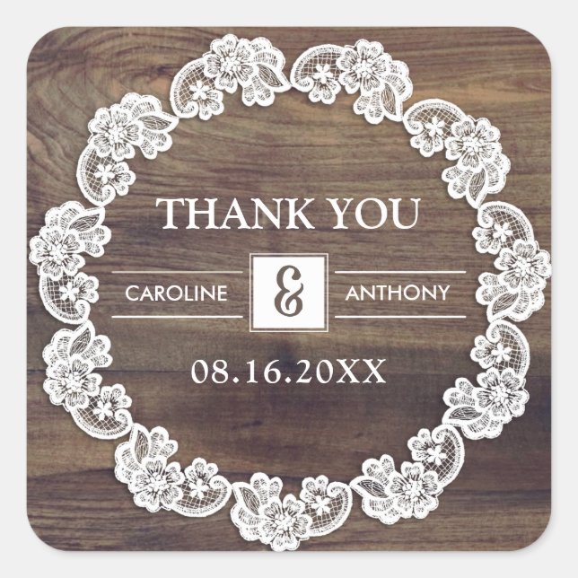 Pegatina Cuadrada Gracias. Boda Lace Barn Wood (Anverso)