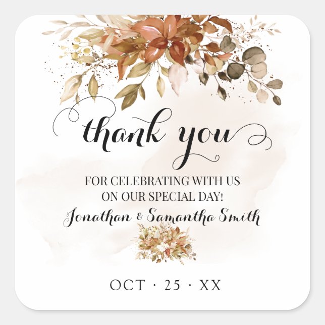 Pegatina Cuadrada Gracias Boda otoño de otoño de eucalipto (Anverso)