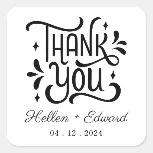 Pegatina Cuadrada Gracias Boda Pareja Nombres Blanco Negro mínimo