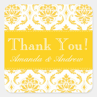 Pegatina Cuadrada Gracias Boda personalizado de Damasco Amarillo