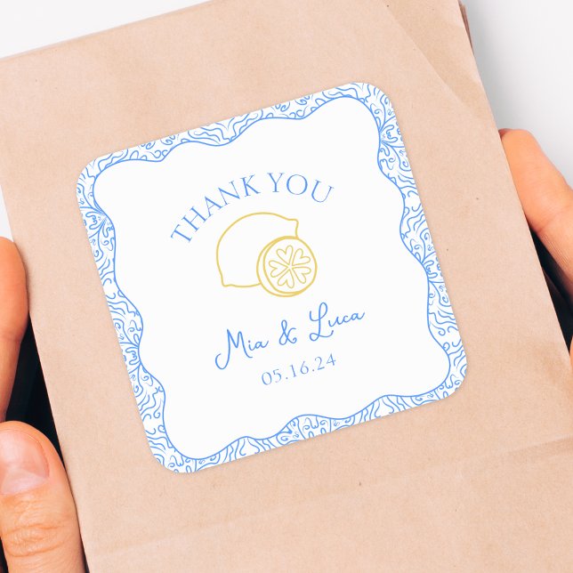 Pegatina Cuadrada Gracias Boda personalizado de los mosaicos azules  (Add a playful touch to your favors with these lemon and blue tile personalized thank you stickers, )