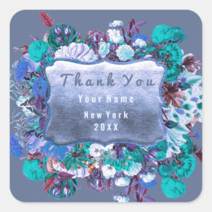 Pegatina Cuadrada Gracias Boda Rosa de marco dorado Floral Smoky Blu
