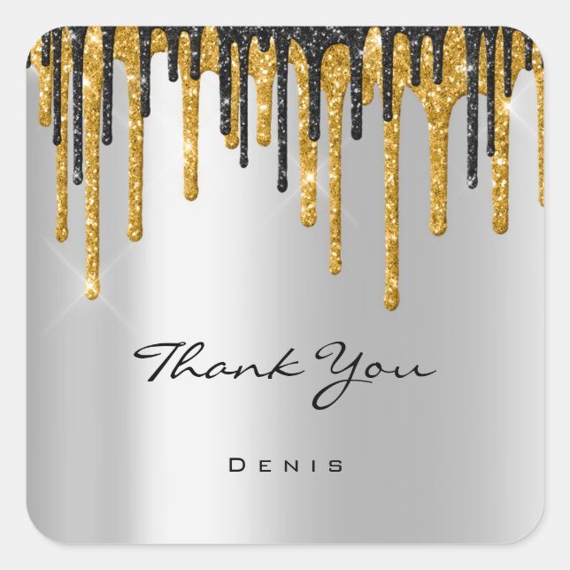 Pegatina Cuadrada Gracias Boda Silver Gray Gold Drips (Anverso)