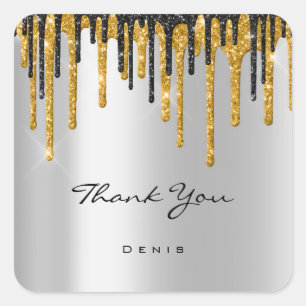 Pegatina Cuadrada Gracias Boda Silver Gray Gold Drips
