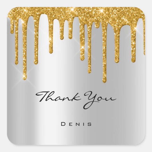 Pegatina Cuadrada Gracias Boda Silver Gray Gold Drips (Anverso)