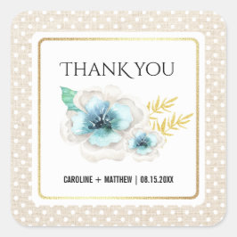 Pegatina Cuadrada Gracias Boda Watercolor Floral Burlap