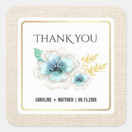 Pegatina Cuadrada Gracias Boda Watercolor Floral Burlap