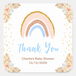 Pegatina Cuadrada Gracias Boho Rainbow Blue Baby Shower