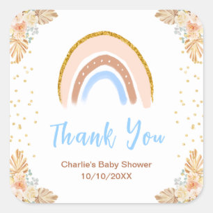 Pegatina Cuadrada Gracias Boho Rainbow Blue Baby Shower
