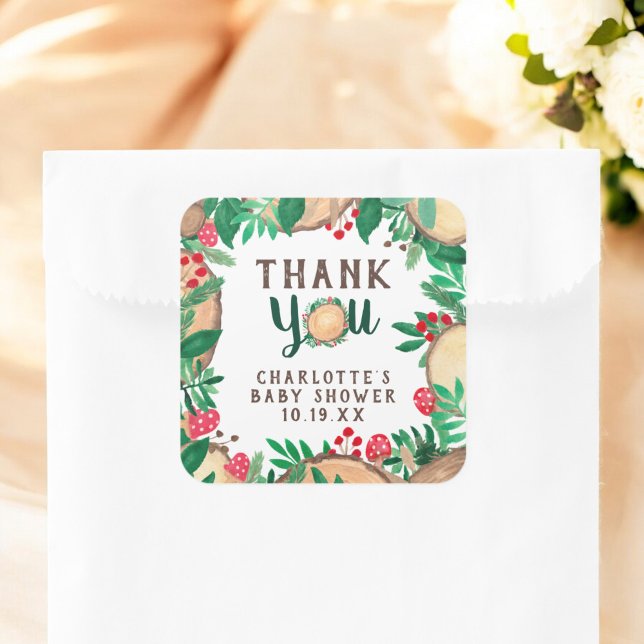 Pegatina Cuadrada gracias bosque madera acuarela bebé ducha (thank you forest woodland watercolor baby shower square sticker)