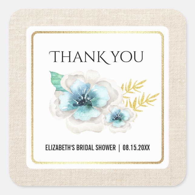 Pegatina Cuadrada Gracias Bridal Shower Watercolor Floral Burlap (Anverso)